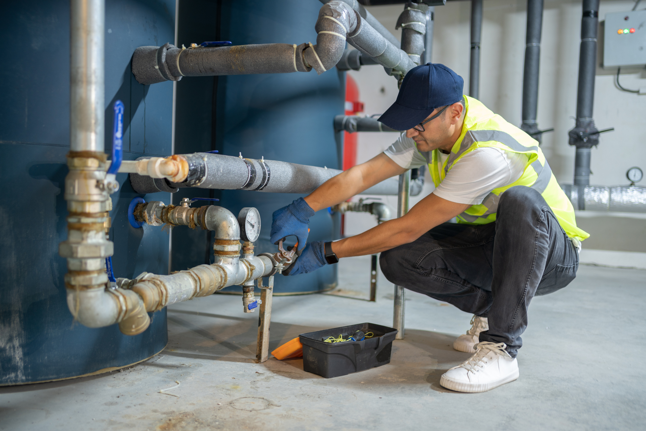 plumber crouching at pipe yellow hi vis_trades assessment